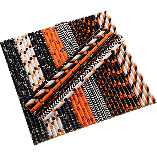 200 Pieces Halloween Paper Straws Pumpkin Bat Spider Web Skeleton Pattern Straws Black Orange Paper Drinking Straws For Halloween Party Supplies (Color Set 1) #TOP2