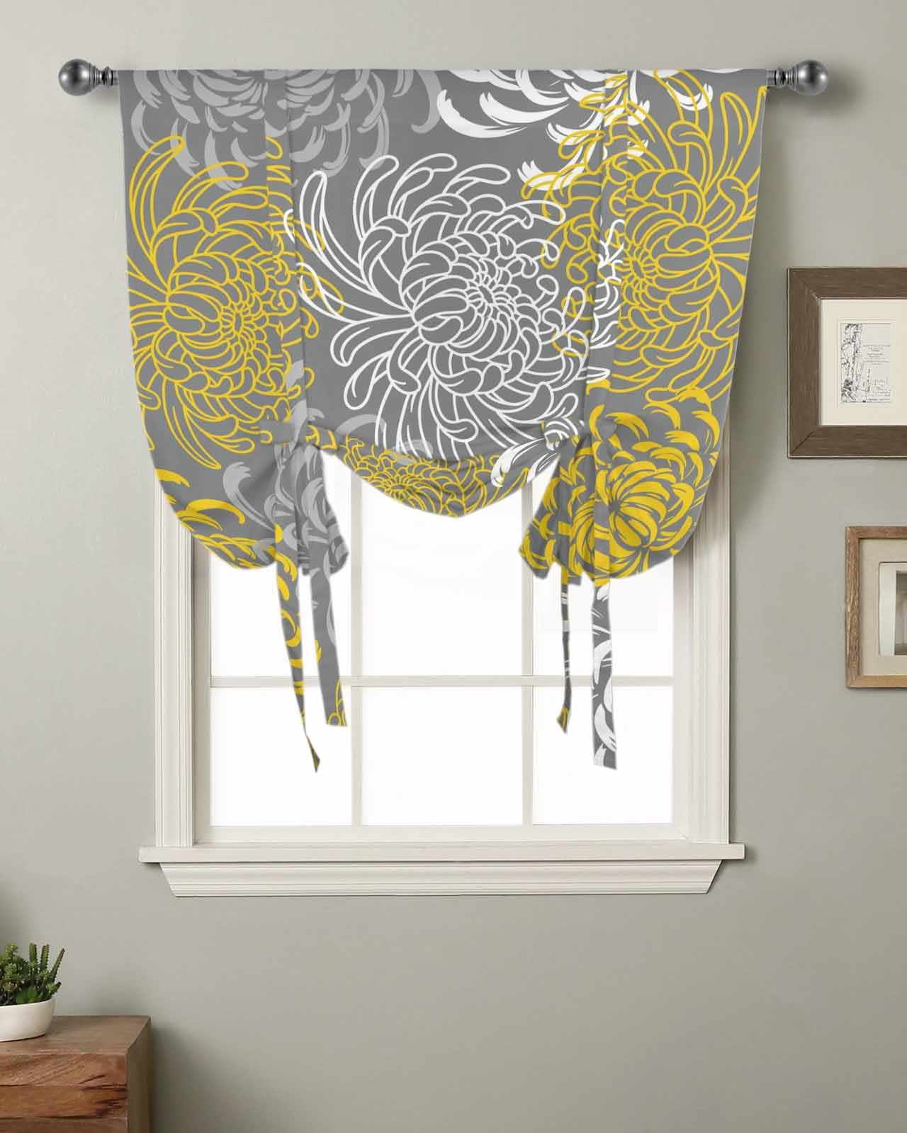 Yellow Gray Floral Tie Up Curtains for Windows 63 Inch Length Balloon Curtains Kitchen Adjustable Balloon Window Shade Farmhouse Retro Abstract Flowers Art Tie Up Bathroom Curtain Window 42