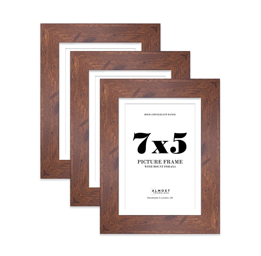 7x5 Rustic Wood Frame With Mount for 6x4 Pictures 28mm Edge Portrait and Landscape Display with Wall Hooks and Kickstand, 3 Pack