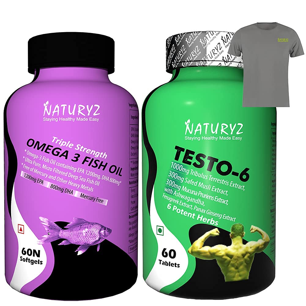 Naturyz (Testo-6 Plant based Supplement For Men 2100mg for Muscle gain, Stamina N60 & Triple Strength Omega 3 Fish Oil 1000mg Supplement For Men & Women) N60 (combo pack with free T shirt )