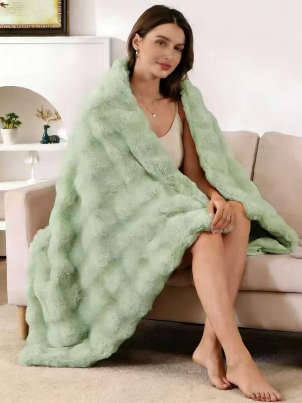 860GSM Bubble Textured Sage Green Faux Fur Throw Blanket 50″x60″ – Ultra Soft Pl…