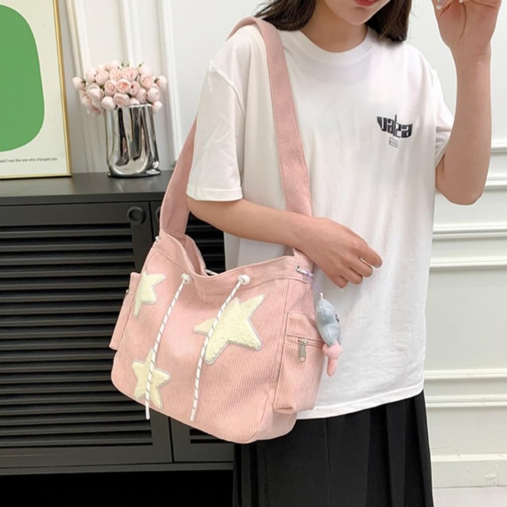 Corduroy Crossbody Bag for Women Y2k Aesthetic Star Patches Messenger Bag Cute Shoulder Tote Bag with Kawaii Pendant - Image 2