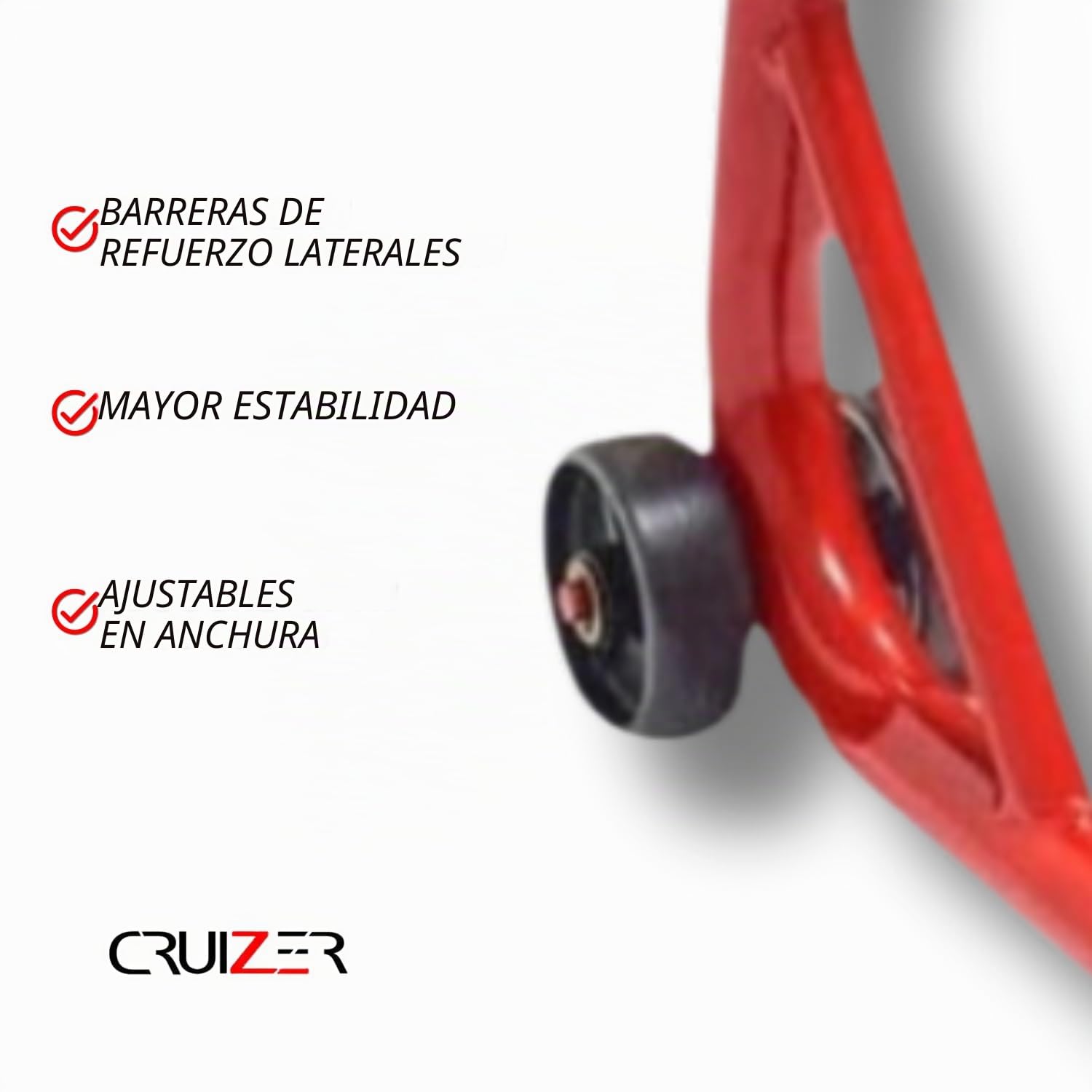 CRUIZER Caballete delantero para moto con enganches de conos + caballete trasero con placas ajustables con ruedas subyacentes, barras y refuerzos laterales. Carga máxima de 600 kg