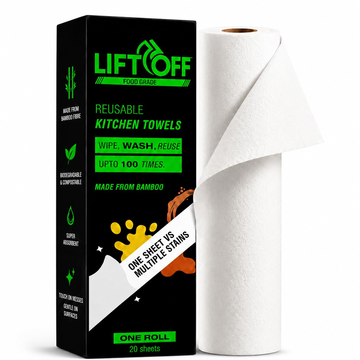 LIFTOFF Bamboo Cleaning Towel Roll, 20 Reusable Washable Sheets, Ultra Absorbent Kitchen Wipes, Eco Friendly Paper Towel Replacement for Home, Dish, Counter & Surface Cleaning, Pack of 1-image-13