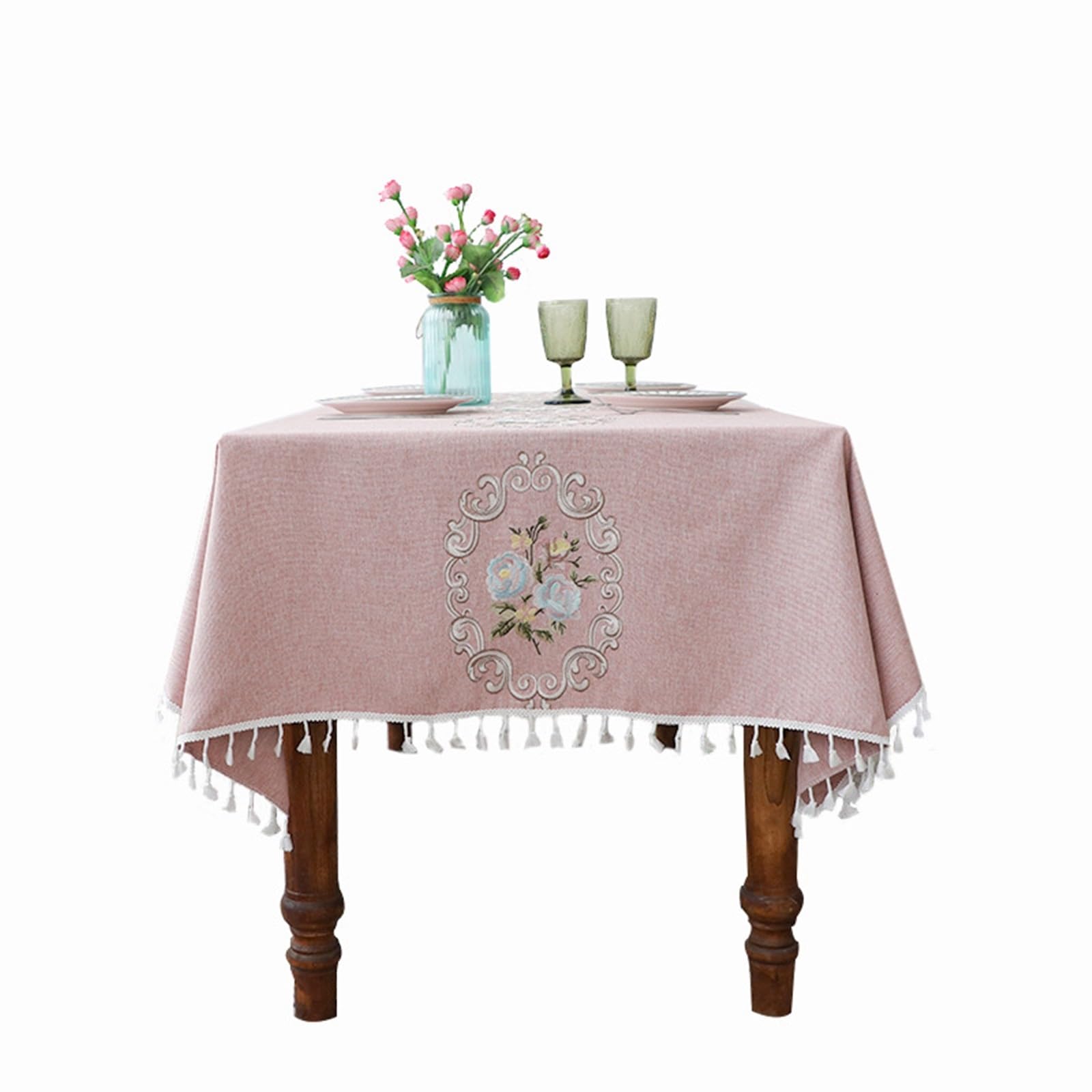 KnSam Mantel de 140 x 260 cm, diseño retro de flores con borla, mantel de poliéster, mantel de jardín, decoración de mesa para salón, comedor, balcón, jardín, rosa