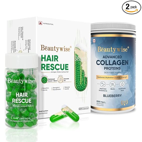 Beautywise Advanced Marine Collagen Proteins Powder, Hyaluronic Acid, Glutathione- 250G Collagen with Biotin with Keratin Protein & DHT Blocker - 60 veg Capsules I Combo