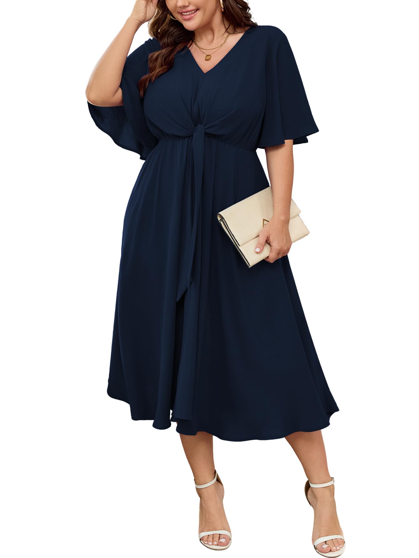 SCOMCHIC Vestido midi para mujer, talla grande, para invitada de boda, manga corta, cuello en V, lazo en la cintura, casual, de verano, vestido acampanado