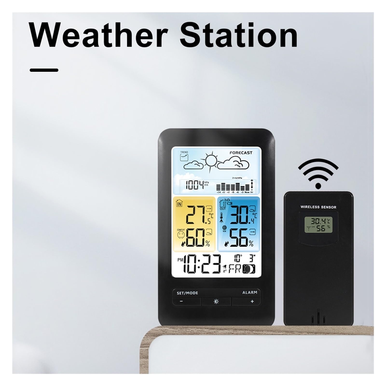 Stacja pogodowa LCD Budzik z funkcją drzemki Cyfrowy monitor temperatury wewnętrznej i zewnętrznej, wilgotnościomierz, termohigrometr z podświetleniem