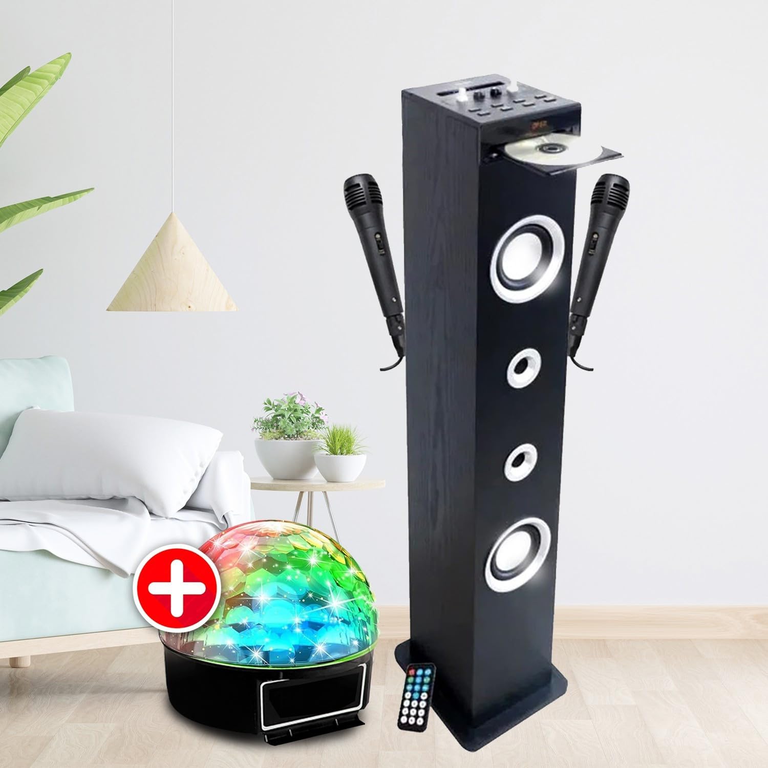 Tour de Son CD et Karaoké Inovalley HP49CD, 100W USB Bluetooth Radio FM, 2 Microphones + Jeu lumière LED, Colonne Chambre Salon