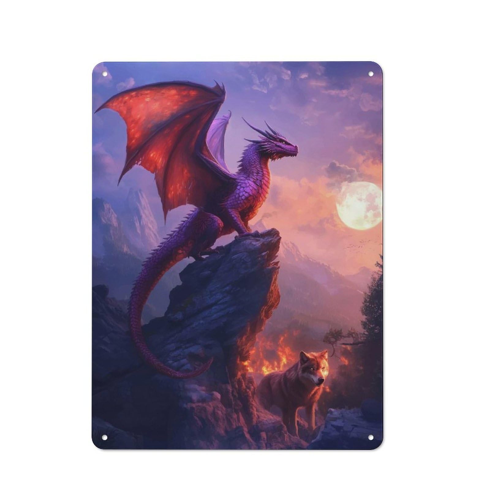 Junmoney Dragon And Wolf Classic Metal Wall Decor 40X30cm, Tin Sign For Bar, Kitchen, Garage Or Games Room