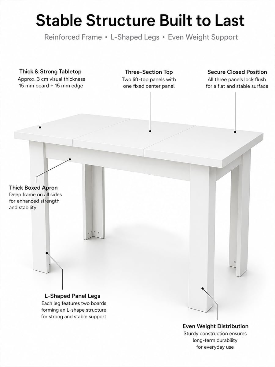 Tavolo da Pranzo Bianco Rettangolare Cucina Sala 120×70×75cm | Due piani laterali sollevabili nascondono vani per stoviglie e accessori, mentre la parte centrale fissa resta disponibile