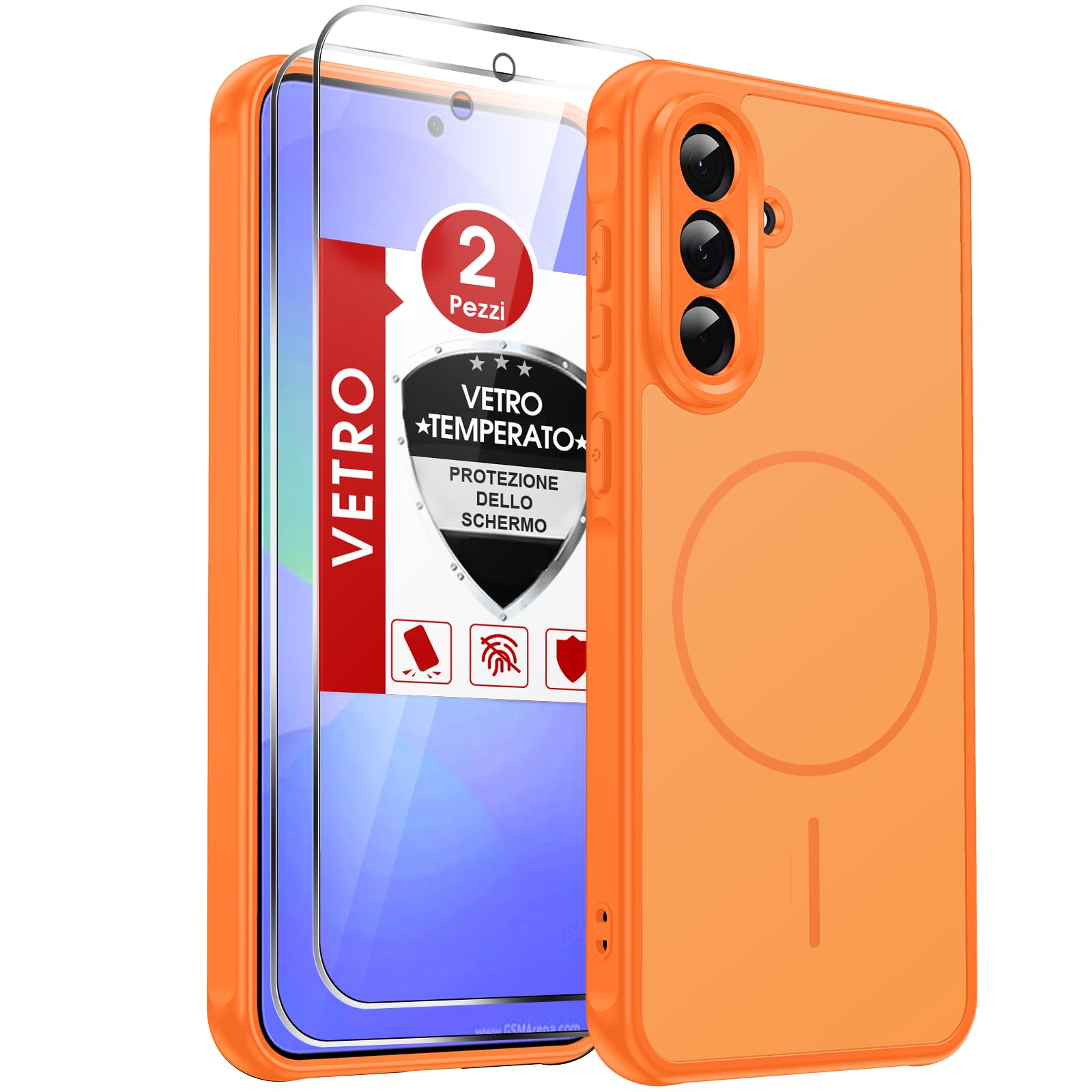 LeYi Cover Magnetica per Samsung Galaxy A36 5G con 2 Pezzi Vetro Temperato, Custodia per A 36 Traslucida Opaca Anti-Impronte Resistente ai Graffi Paraurti in TPU Antiurto Protettiva Case, Arancione