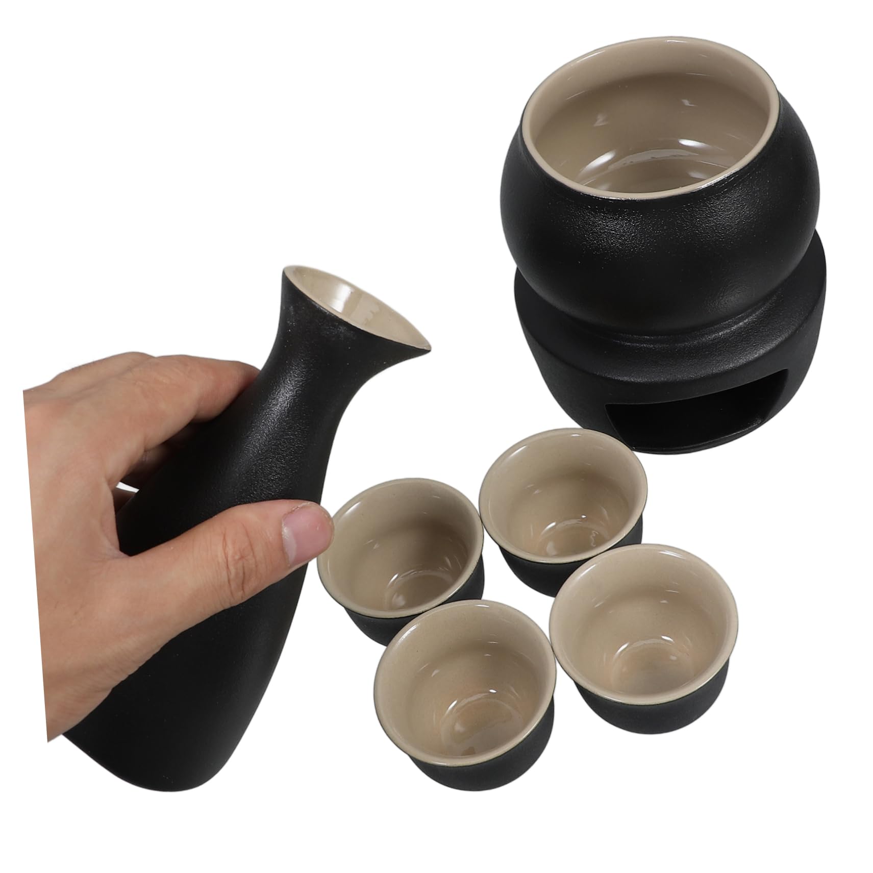 GARVALON Service à Saké et Tasse 45ml en Céramique Noire Traditionnel et Chauffe-Tasse Stable avec Pot 175ml Surface Confortable pour Maison ou Restaurant