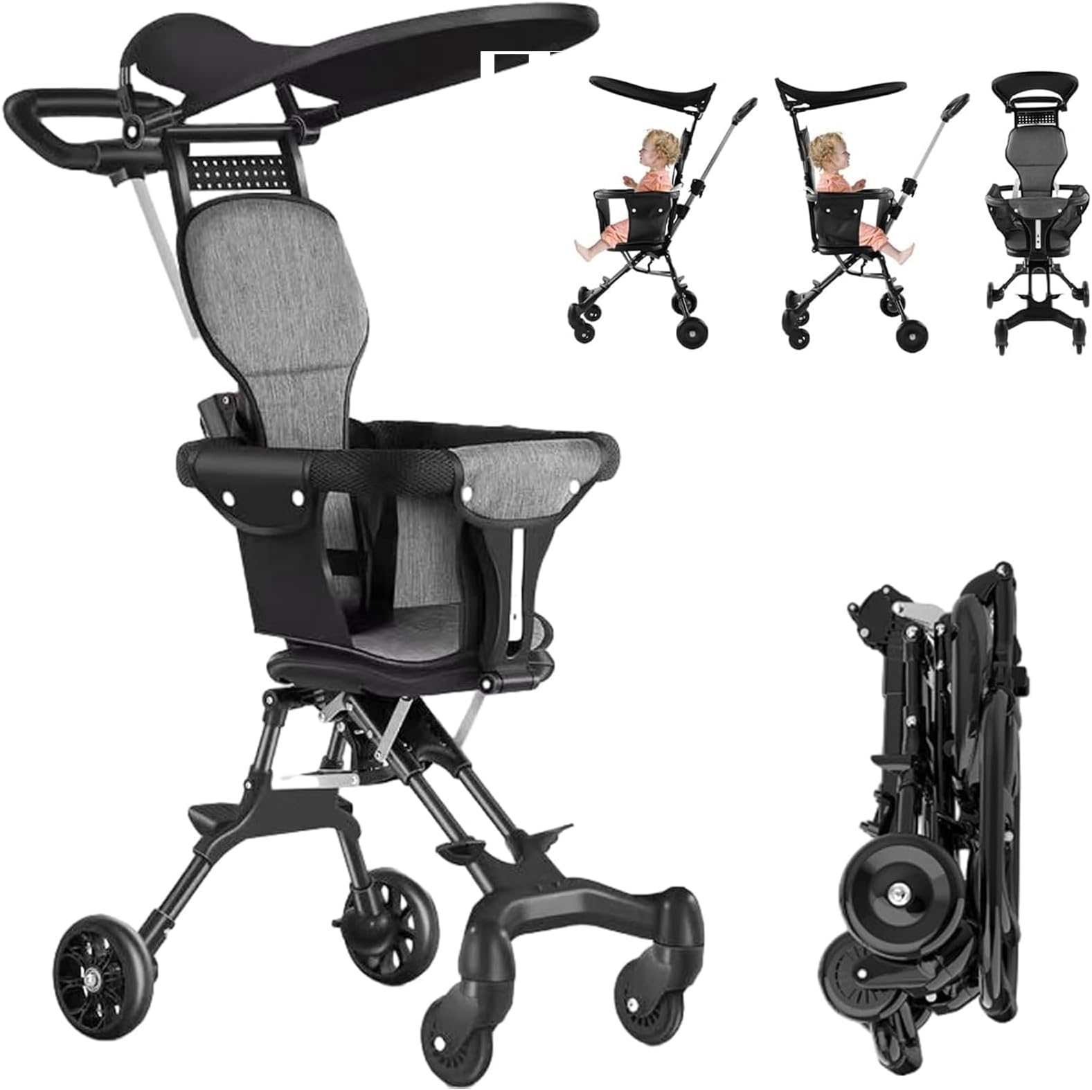 Baby Stroller， Foldable 4 Wheels Ergonomic Adjustable Infant Carriage for 1 to 6 Years Old, Portable Folding Lightweight Baby Stroller Compact Stroller Airplane Travel, black