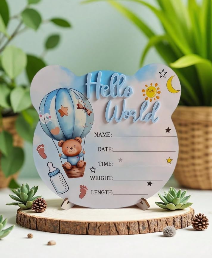 Hello World Birth Announcement Wooden Baby Photo Prop Disc, Bear Hot Air Balloon Theme, 15cm, for Boys and Girls image 5