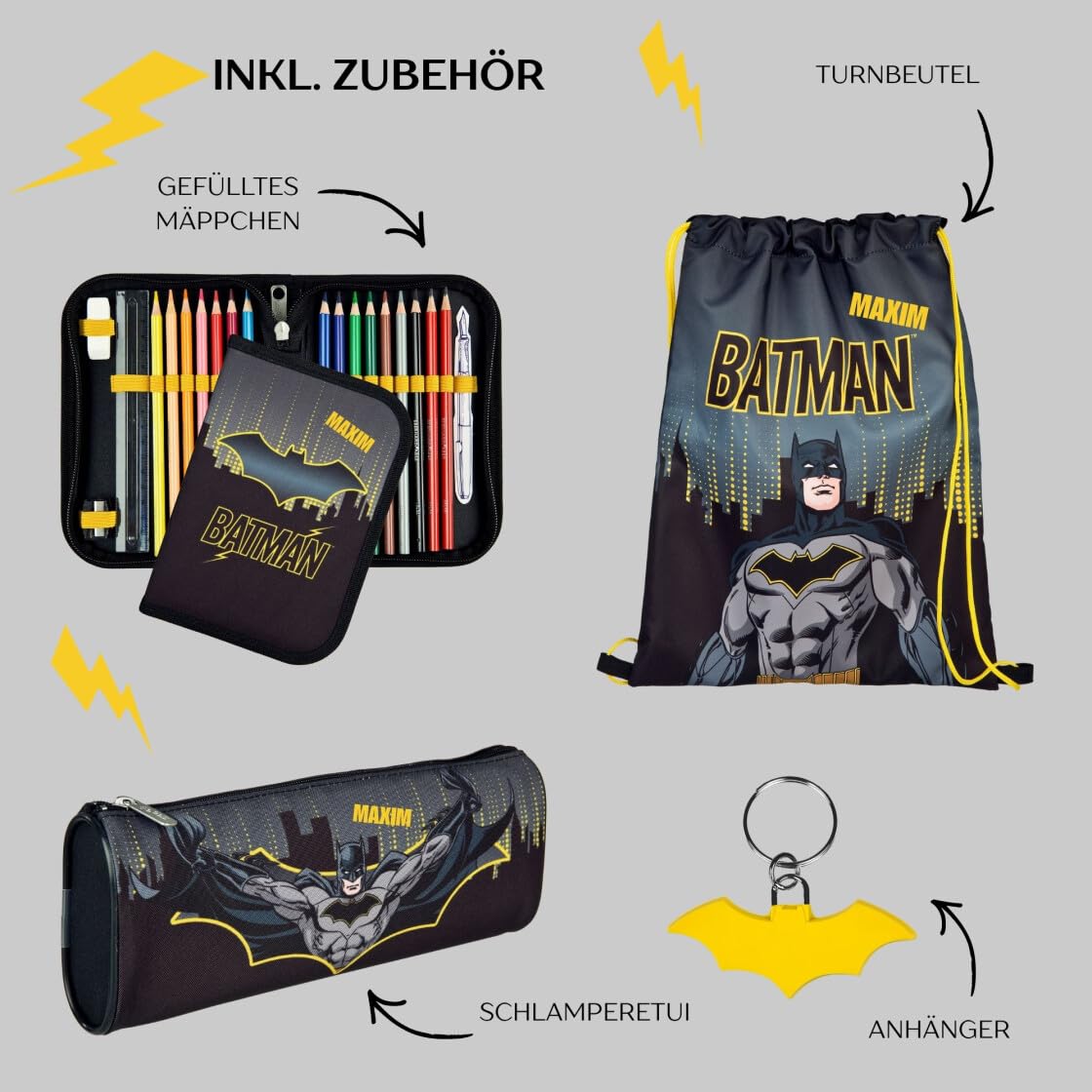 Undercover Juego de mochilas escolares de 5 piezas, para niñas de 1ª clase, con contenido personalizado, estuche escolar, diseño de Scooli, Batman Negro, Juego de mochila escolar