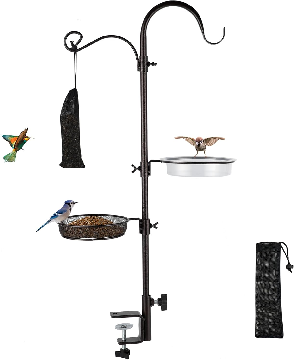 Deck Bird Feeding Station | Premium Multi Feeder Hanging Kit with Bird Bath & Sock Feeder | Attracts Wild Birds, Planter Hanger Hook for Outdoor Deck, Patio, Garden 32.2 Inch Deck Pole