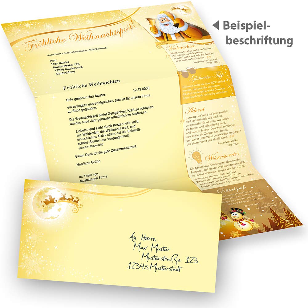Briefpapier Set Weihnachtspost (500 Sets ohne Fenster) Weihnachtsbriefpapier mit Umschlag - beidseitig - Rückseite mit Weihnachtslieder