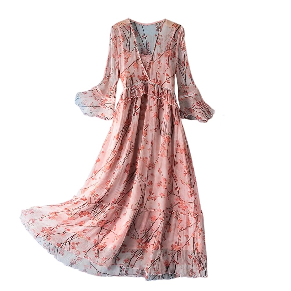DISSA Damen Seidenkleid Midi Kurzarm V‑Ausschnitt Blumen,J2021