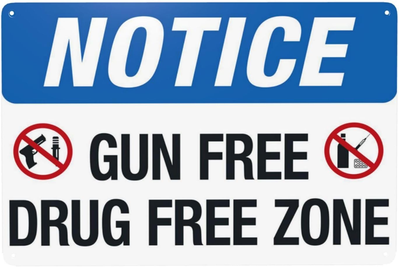 Notice Gun Free Drug Free Zone Rust Free Aluminum Sign - Retro Security Decor with Pre-Drilled Holes for School, Business Lobby - 12x16 Inches​