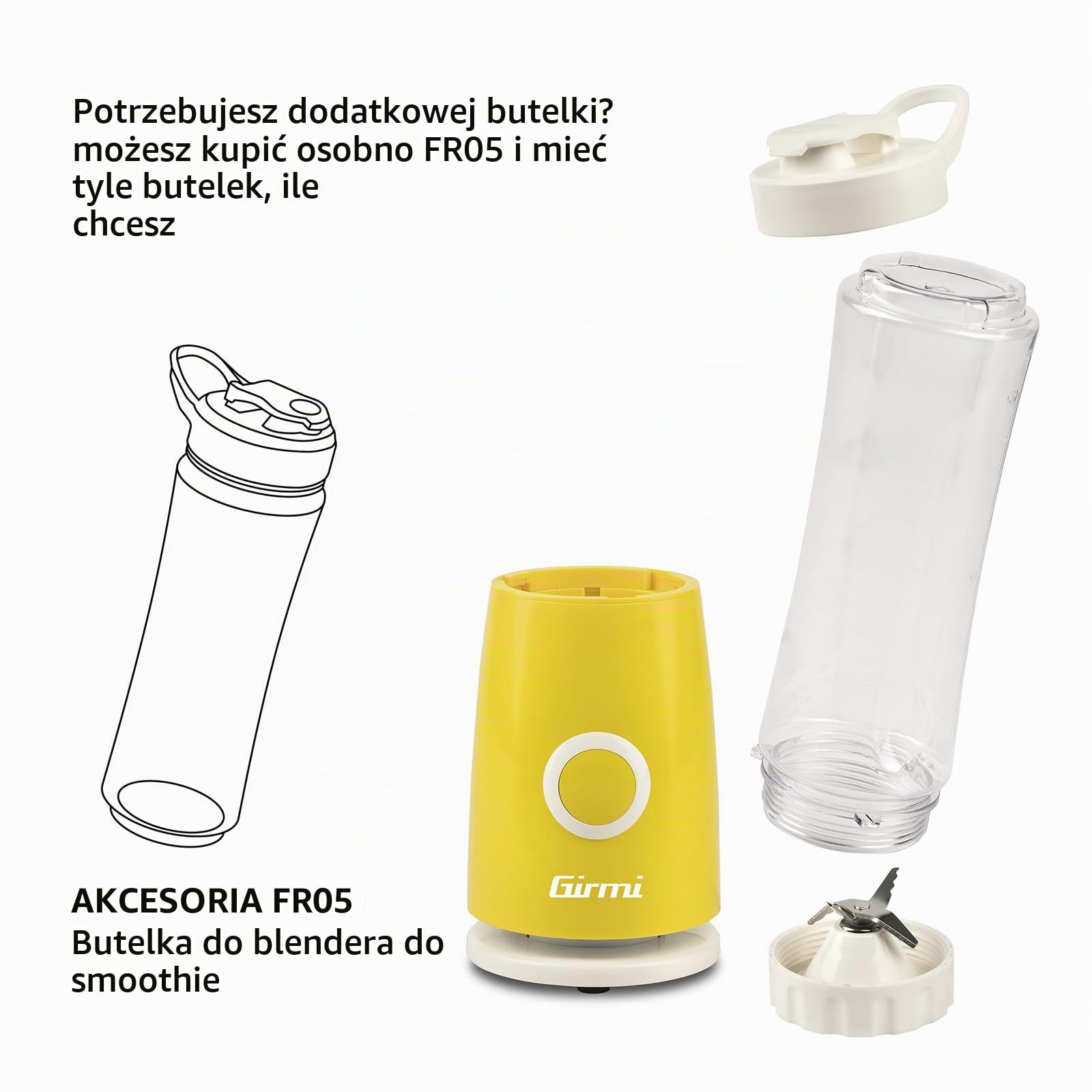 Girmi FR04 Blender Smoothie Maker, 0,5 l, 4 ostrza ze stali nierdzewnej, wolne od BPA, obsługa impulsowa, pokrywka podróżna i dzióbek, żółty/biały