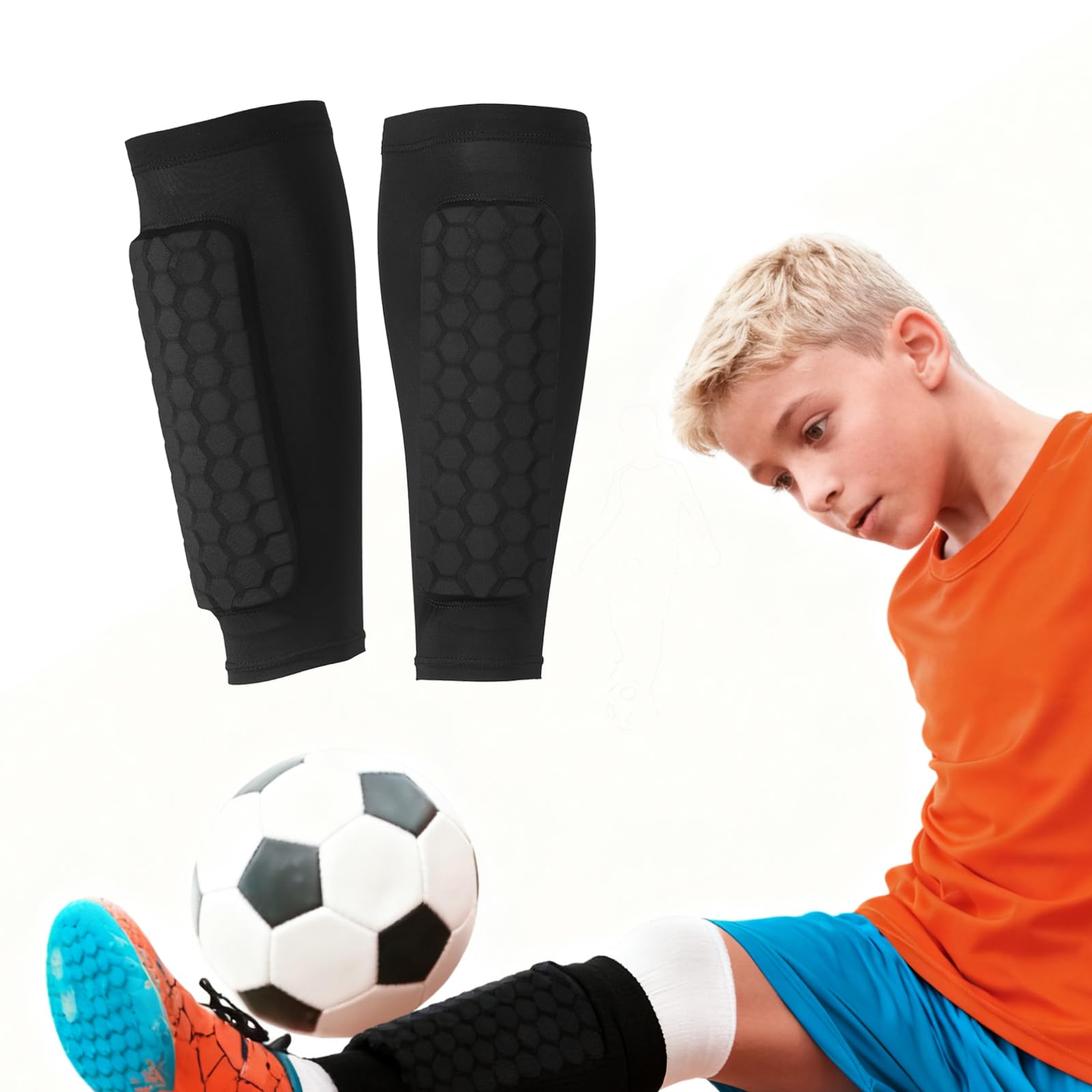 Football Shin Pads for Boys Girls โ Lightweight Breathable Shin Guard Sleeves with Honeycomb Padding - Non-Slip Calf Protection for Kids Soccer, Rugby & Sports Training