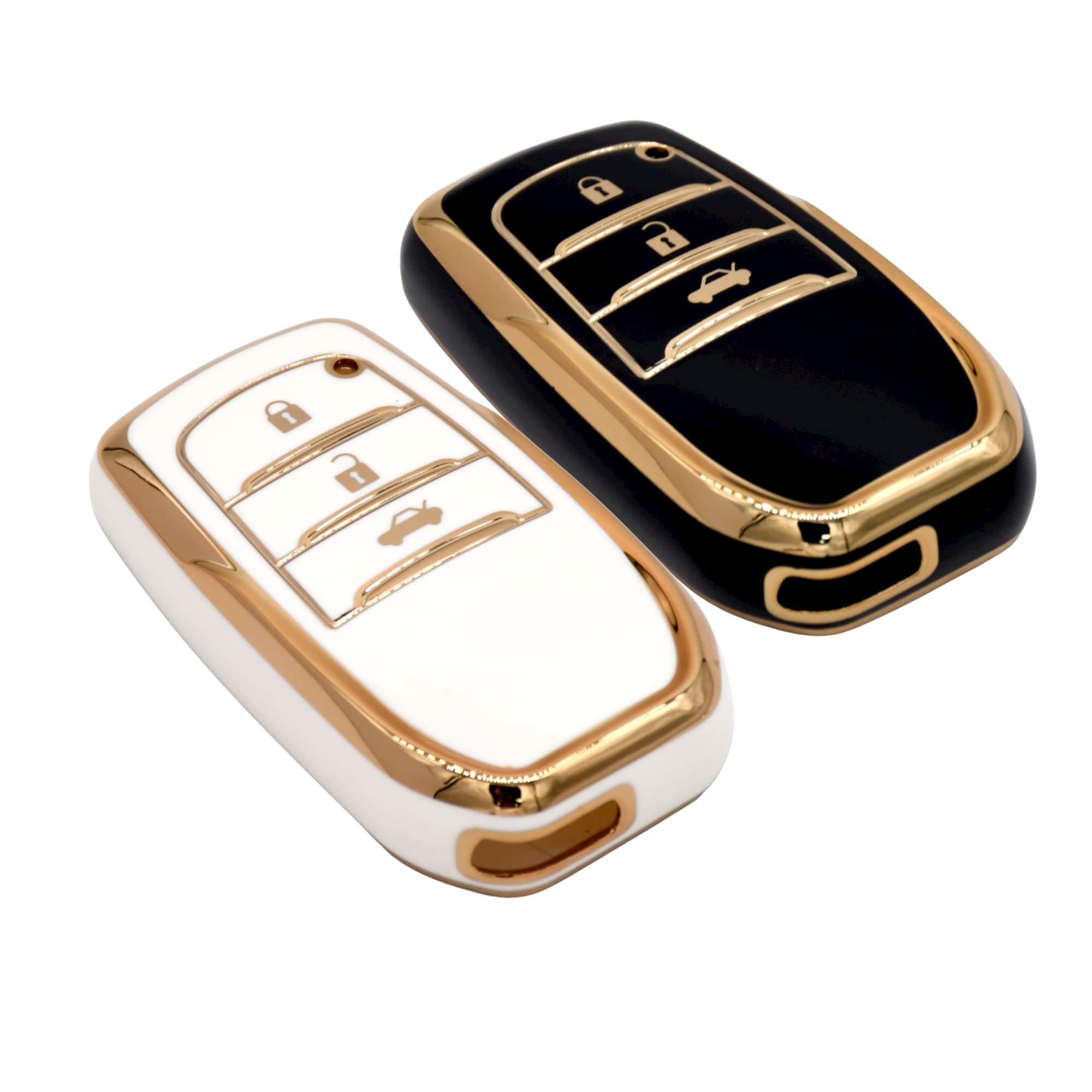 KMH - TPU Gold Car Key Cover Compatible with Compatible with Fortuner, Innova Crysta,Fortuner Facelift 2021, Fortuner Legender 2021 3 Button Smart Key Cover (Pack of 2, Black-White)