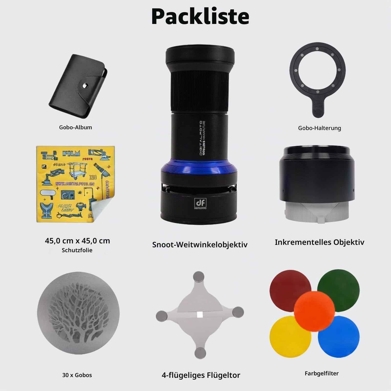 Bowens Mount Optical Snoot Kit für Aputure Amaran 100X/D, 200X/D, 150C, 300C, 600X Pro, Godox SL60 – Spotlight Projektion mit 5 Farbfiltern, 30 Gobos und 5 speziellen Farb-Gobos.