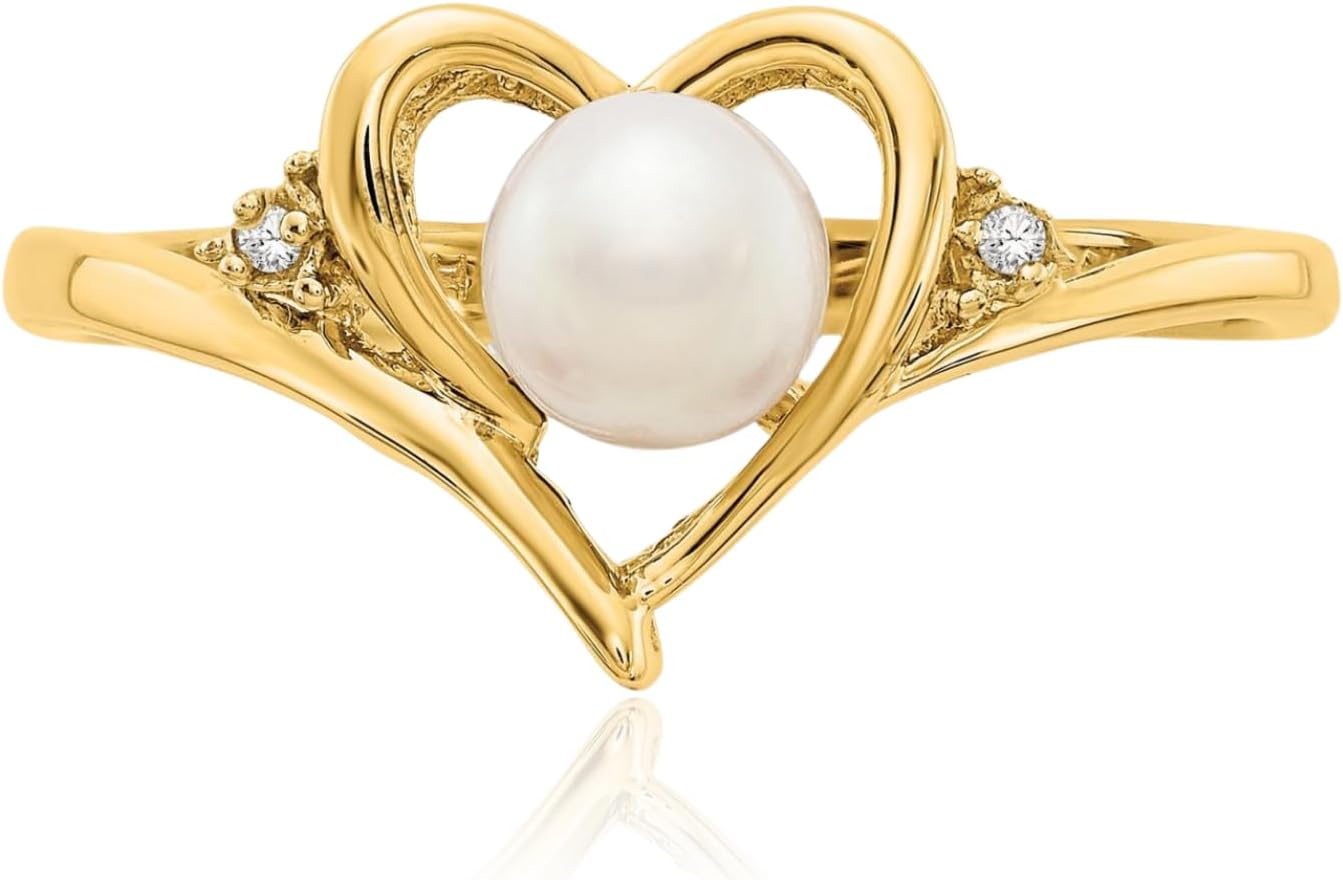 IceCarats 14K Solid Yellow Gold Freshwater Pearl Diamond Accent Heart Statement Promise Anniversary Ring 1mm Slim Band Polished