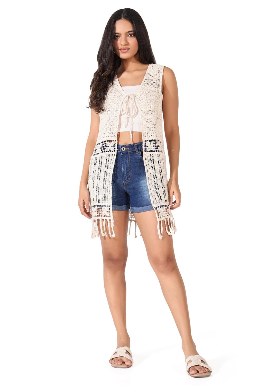 showoffff SHOWOFF Women's Cream Solid Longline Crochet Shrug-CHN-308_Cream-picture-10