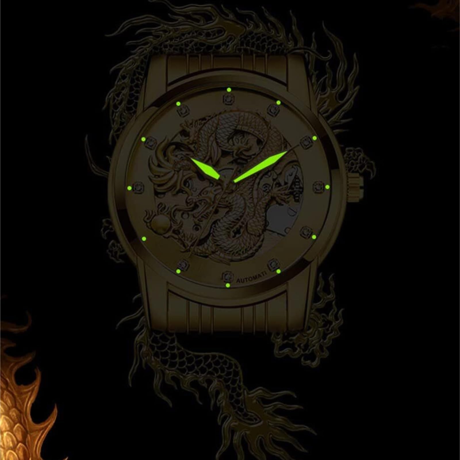 Reloj de Lujo Dragon Collection Limited for Hombre | Reloj de pulsera resistente al agua automático automático dorado con esfera tallada