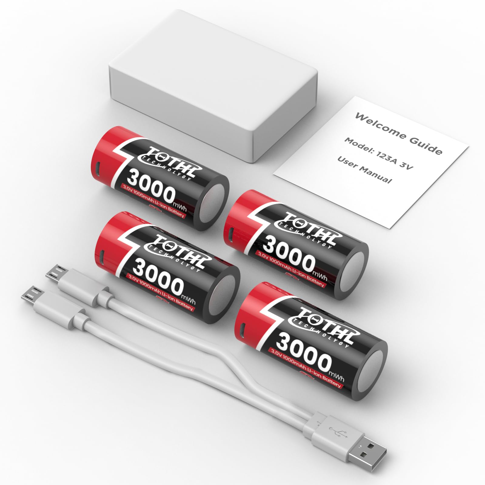 4Packs USB 3V Lithium Battery CR123 123A CR17345 High Power Lithium Batteries with Built-in PTC for Flashlight Cameras Toys Alarm System Microphones