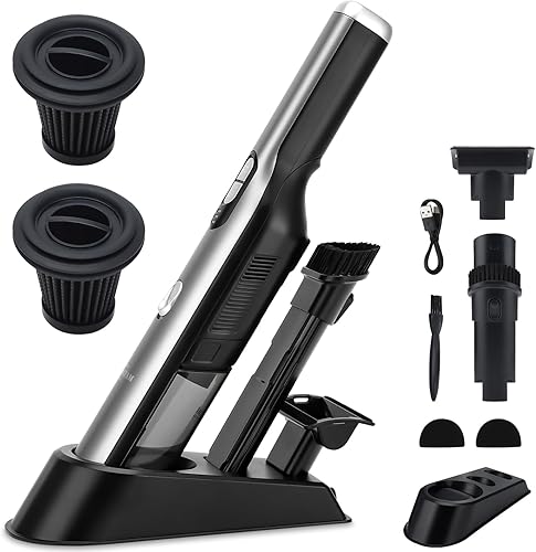 Aspiradora de mano inalámbrica para automóvil con potente succión de 18 KPa, portátil cargable y práctica aspiradora con luz frontal LED y base de