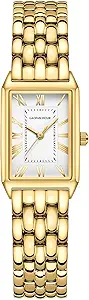 Gold Watches for Women with Vintage Rectangular Case, White Roman Dial, Stainless Steel Band, Water Resistant