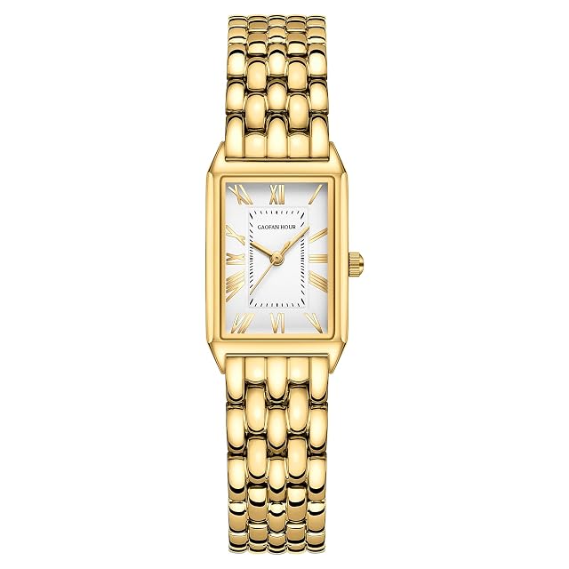 GAOFAN HOUR Gold Watches for Women with Vintage Rectangular Case White Roman Dial Stainless Steel Band Adjustment Tool