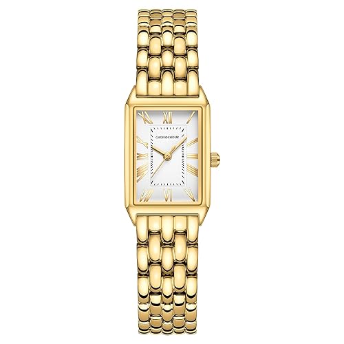 GAOFAN HOUR Gold Watches for Women with Vintage Rectangular Case,White Roman Dial,Stainless Steel Band,Adjustment Tool Included,Water Resistant