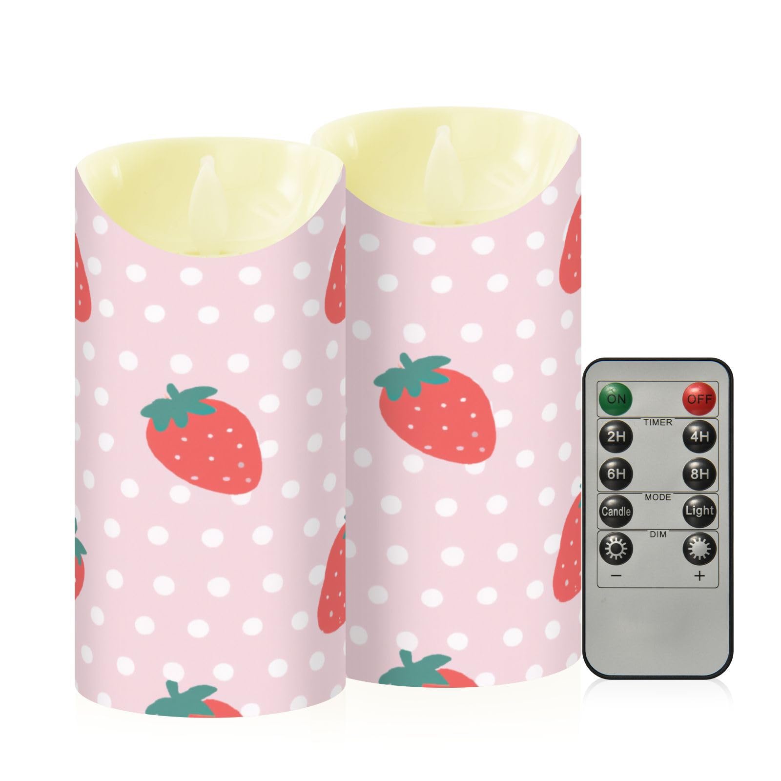 Ewusp Sweet Strawberry Flameless Candles Battery Operated Flickering LED Pillar Candles Set of 2 with Remote Control & Timer, for Home Decor Wedding Holiday Party Centerpieces