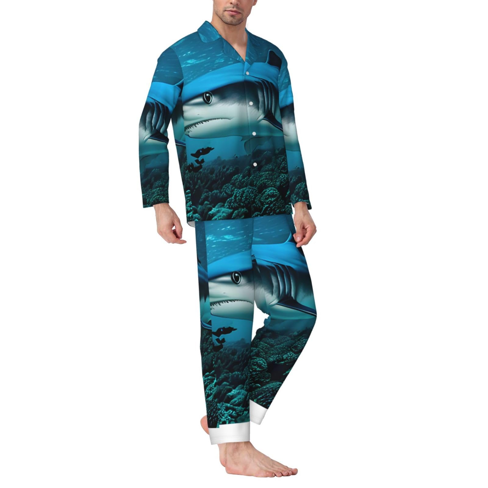 Herren-Pyjama-Set, langärmelig, Hai-Aufdruck, zweiteilig, bequem, Nachtwäsche, Blau