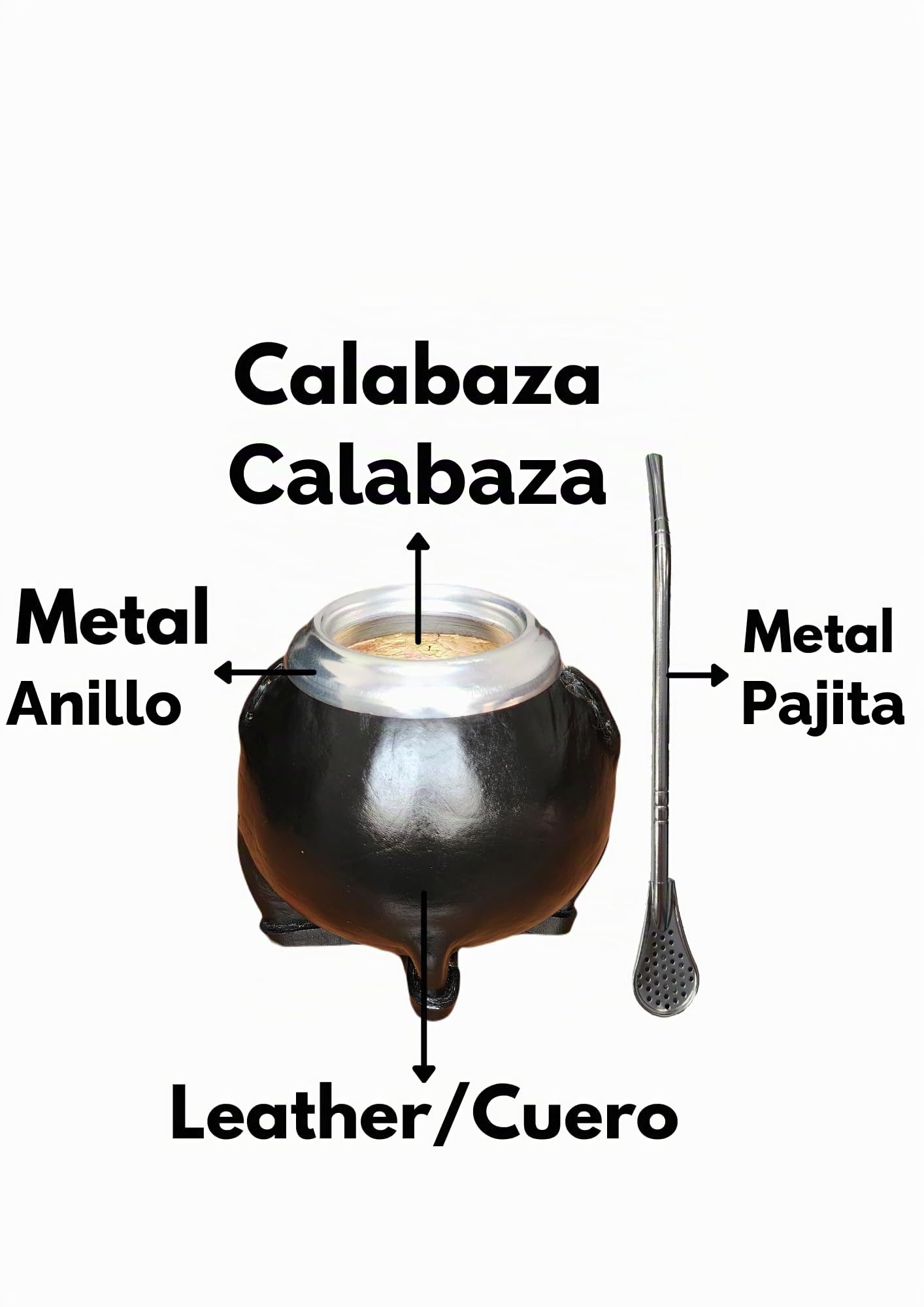 Mate Artesanal Argentino Hecho de Calabaza Natural y Cuero Negro, Mate con Bombilla de Acero, Yerba Gourd Cup Becher