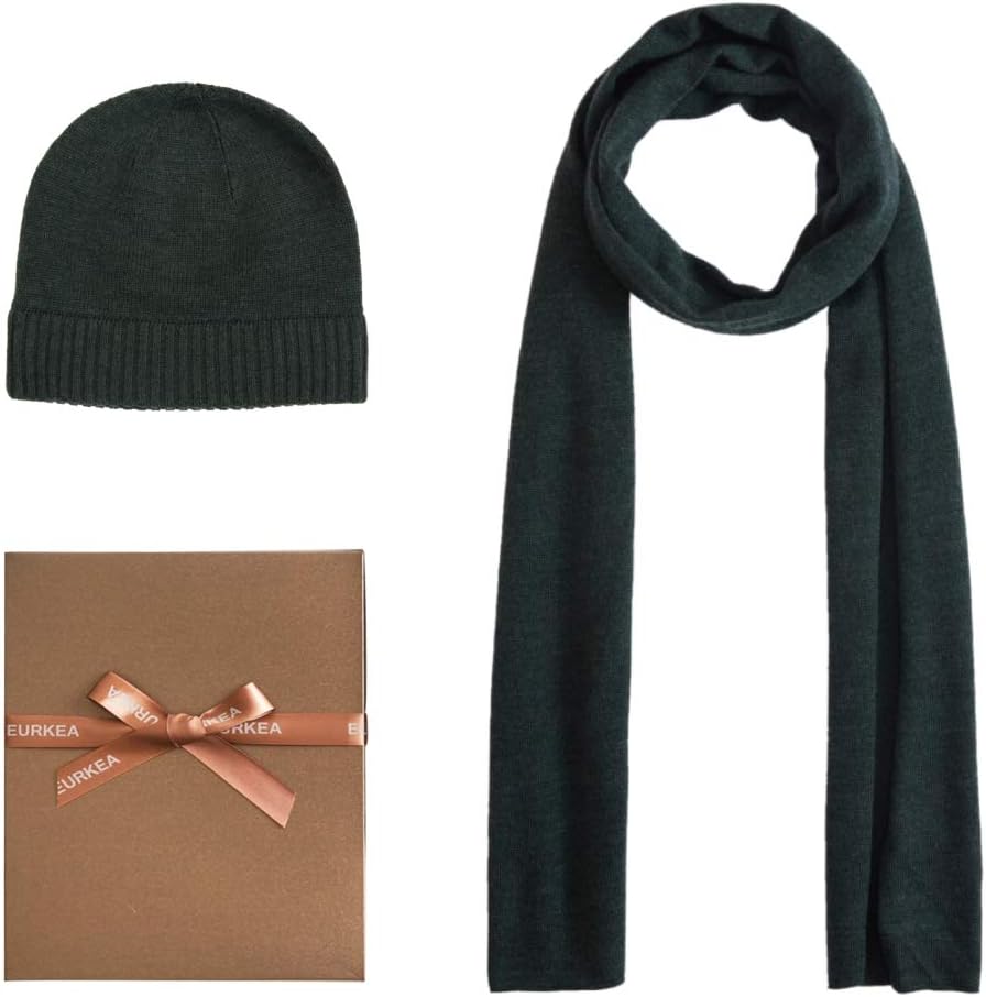 EURKEA Men's 100% Merino Wool Scarf, Beanie Hat Gift Box Set