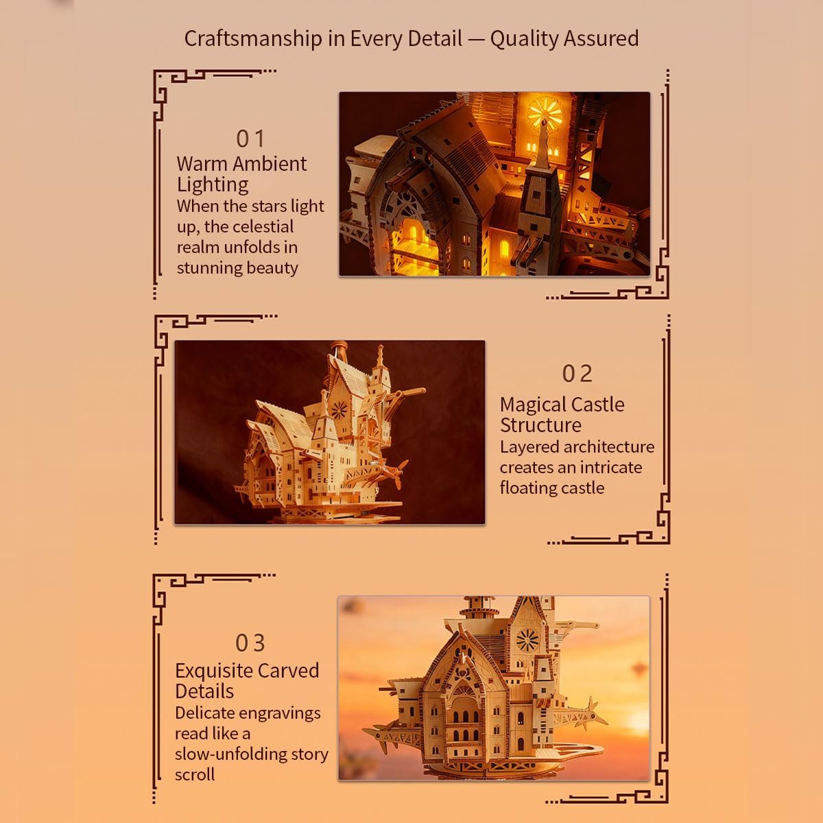 3D Wooden Puzzle - Castle Model Kit, Sky Sanctuary DIY Fantasy Architecture Building Set with Warm Light, Handcrafted Creative Desk Decor, Collectible Gift for Adults & Teens (465PCS)