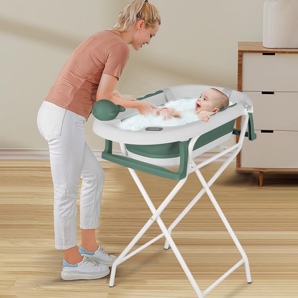 MUL-BHERRAMIENQU - Bañera plegable para bebé, con soporte, termómetro y cojín, ideal para regalo de nacimiento de niña o niño (verde)