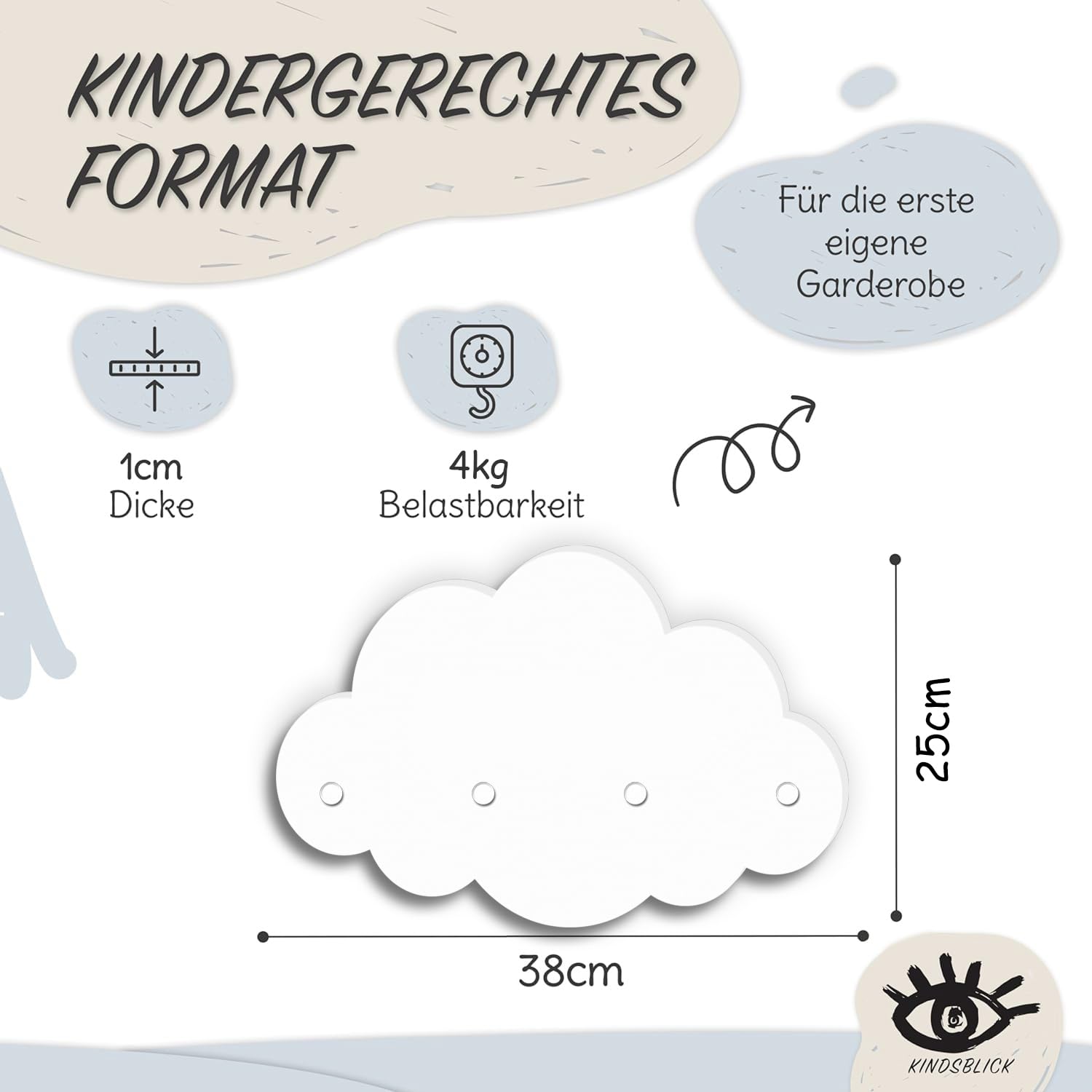 Wolkengarderobe in weiß - Garderobe mit 4 Kleiderhaken für Kinder - Wunderschöne Deko für jedes Kinderzimmer - Maße (38 x 25 x 1 cm)