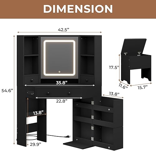 Miniatura 7 de HAUOMS Escritorio esquinero de tocador, tocador de maquillaje con espejo y luces, juego de tocador con estantes giratorios, estación de carga,