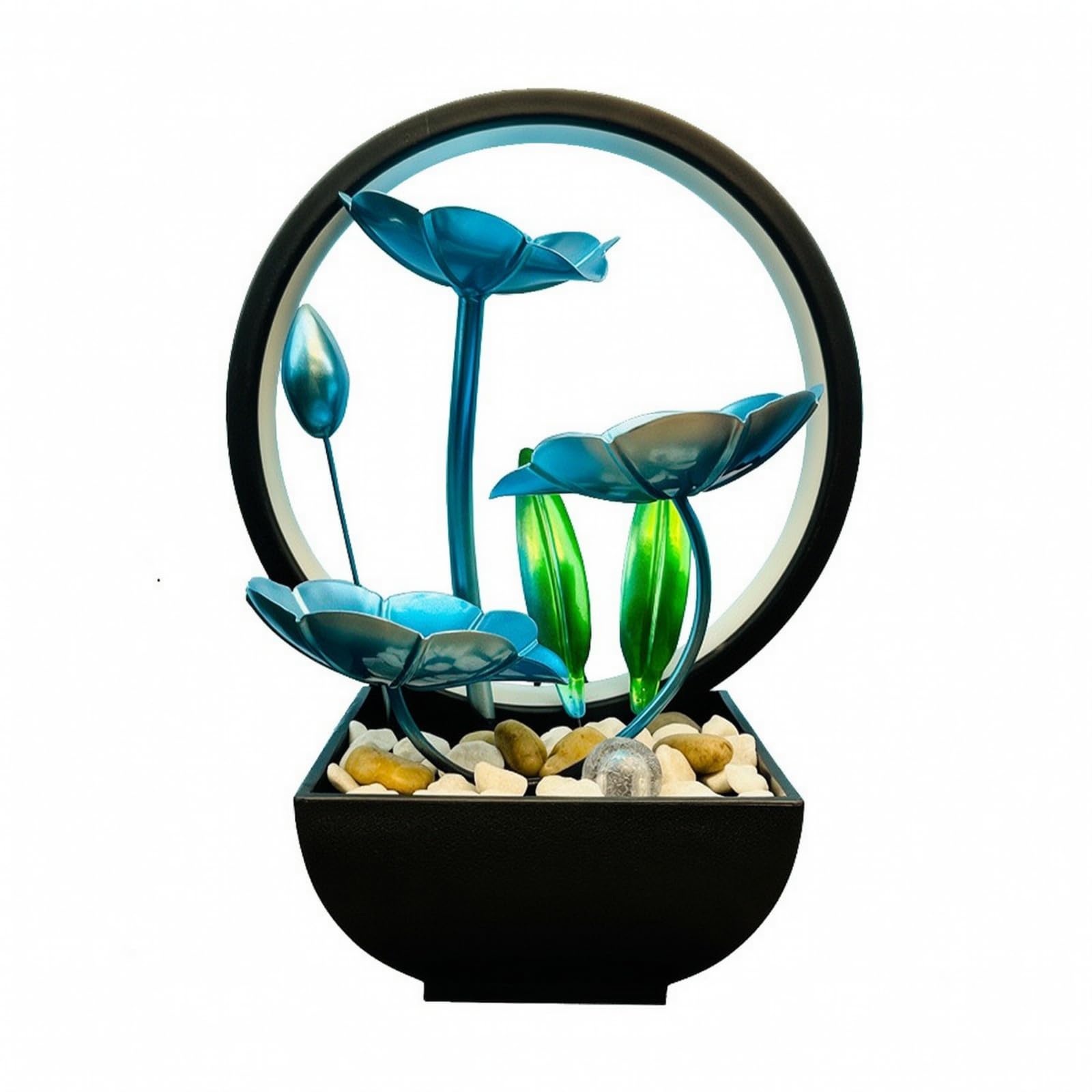 Fuente Mesa Metal con Piedras corativas Compacta Fuente corativa con Elementos Botánicos y Anillo Iluminado Morno parecibidor, Estilo F