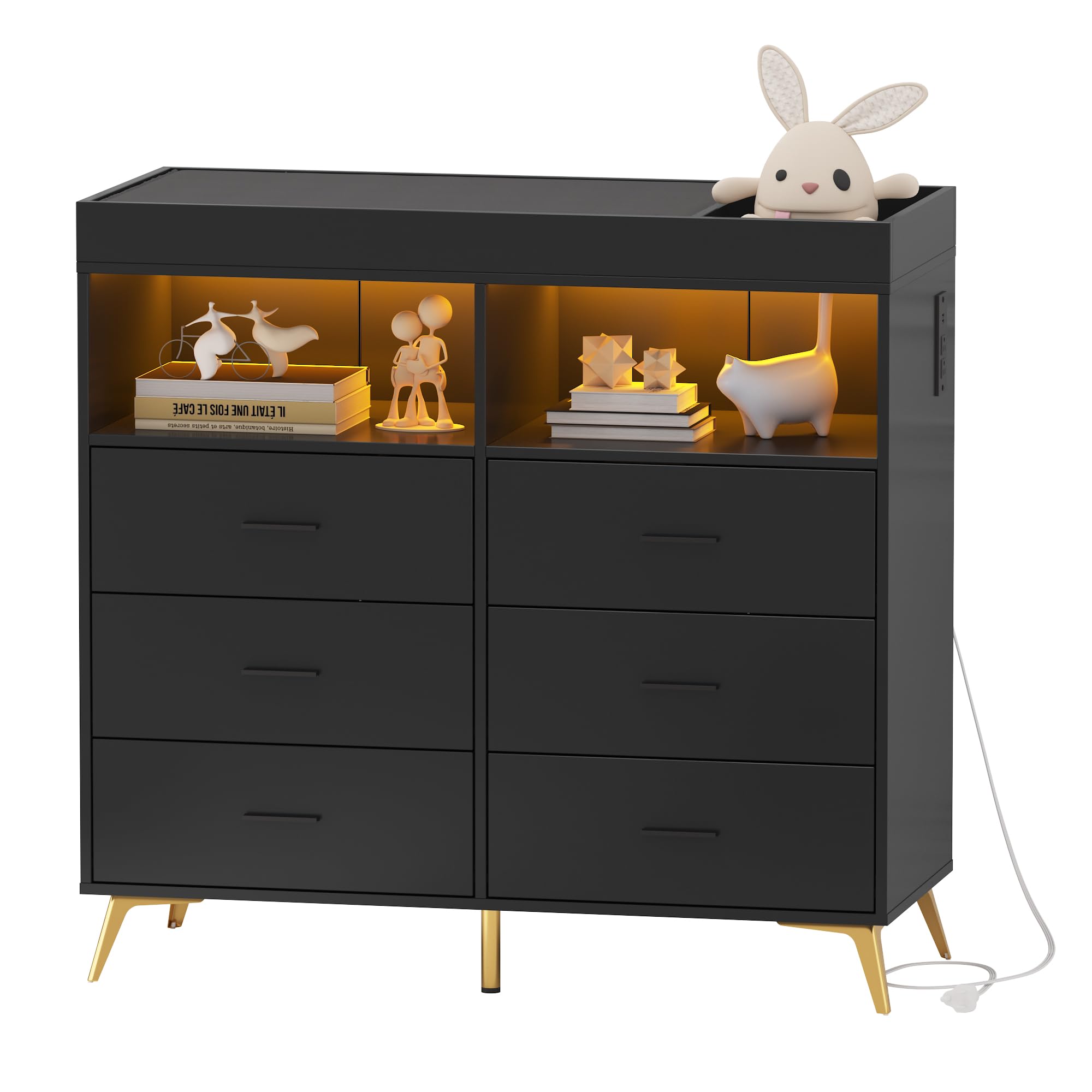 changing table for on top of a dresser with Drawers, Baby Dresser with Changing Table Top, Power Outlet, LED Light & Metal Feet, Diaper Changing Station Nursery Organizer Infants Newborn, Black : Baby Size:66 (6'9