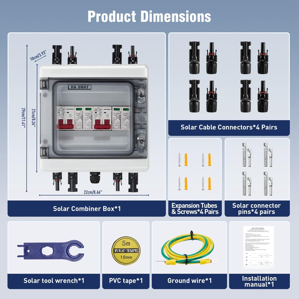 Solar Combiner Box Mehrschichtiger Schutz, DC40A PV 2 Eingänge 2 Ausgänge Trennschalter, IP65 Wasserdicht