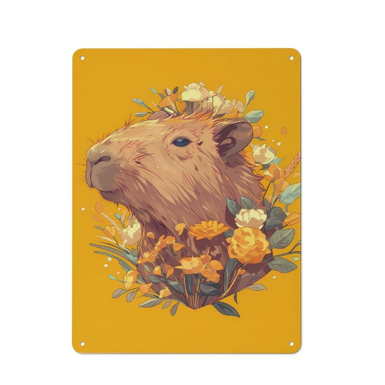 Junmoney Style-8 Vintage Tin Sign With Capybara With Flowers On Yellow Background Design 40X30cm, Nostalgic Nostalgic Wall Art For Living Room, Hallway, Kitchen Or Cafe