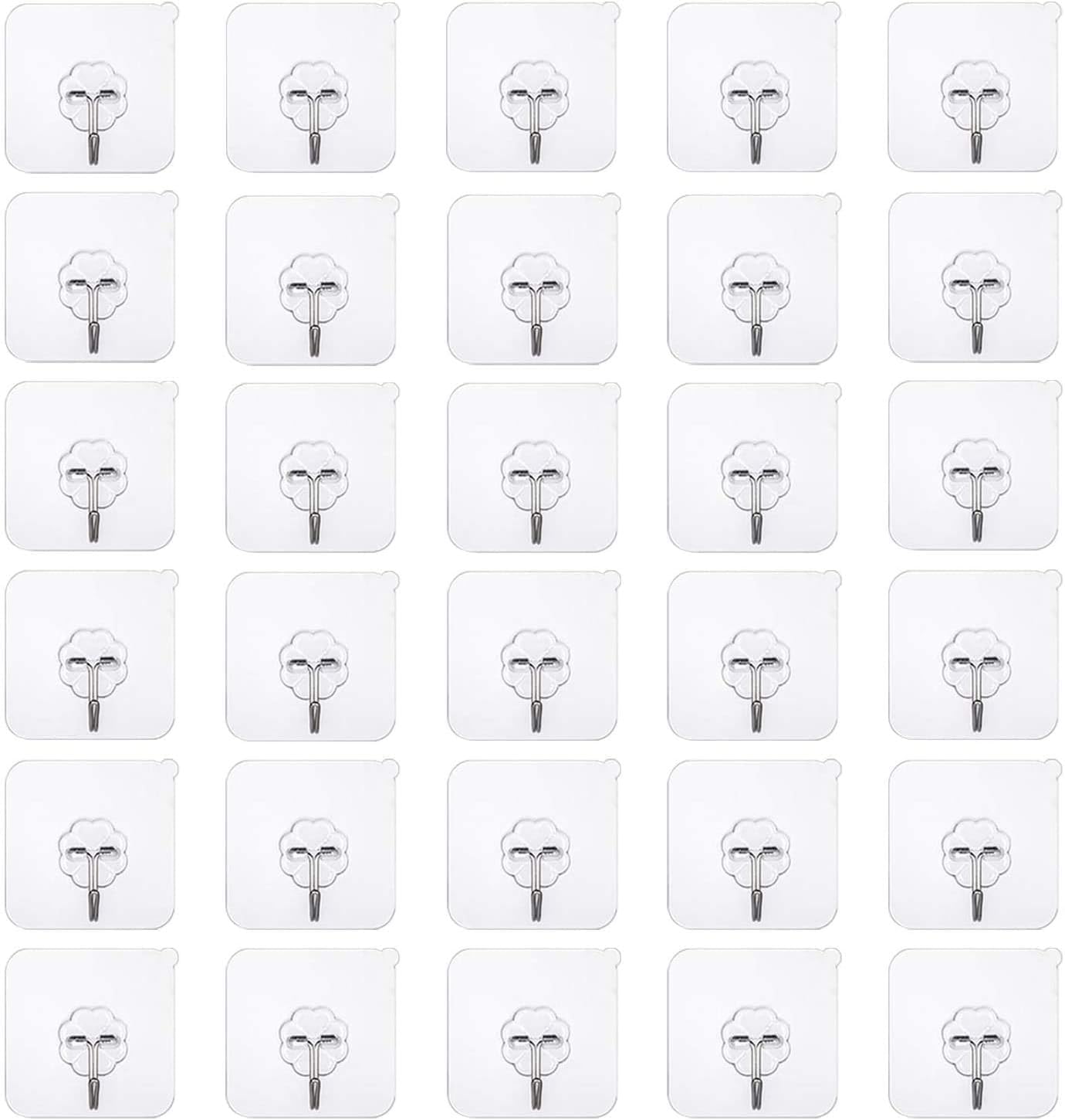 Self Adhesive Hooks Stick, 30PCS Anti-Skid Traceless Sticky Hook Heavy Duty Wall Hooks 10kg (Max) for Door Kitchen Bathroom Office Closet, Seamless Hooks Transparent Waterproof and Oilproof