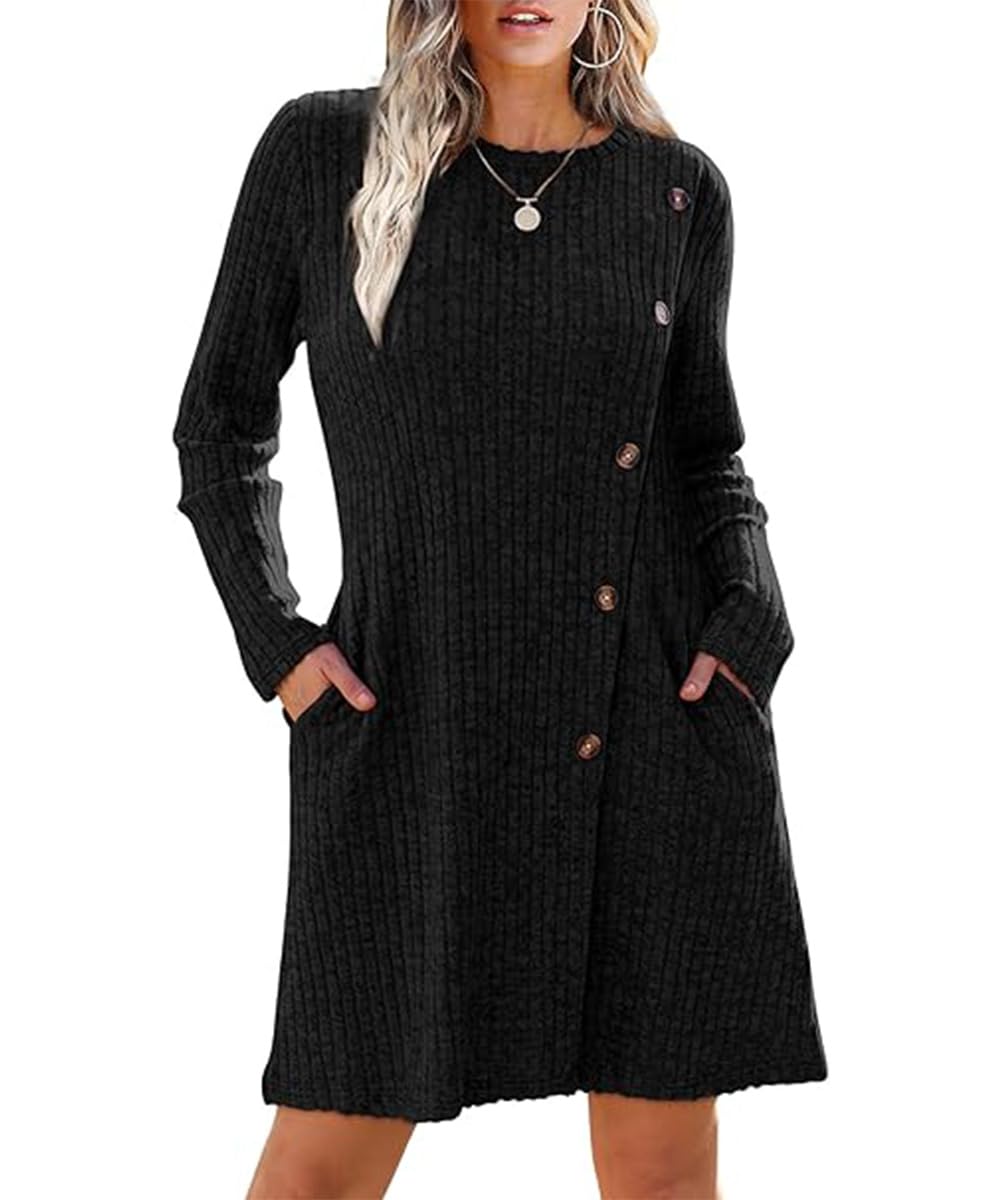 Yeenily Vestido Punto para Mujer Cuello Redondo Vestidos Suéter Elegante Vestido de Jersey Manga Larga A-Line Casual Túnica Vestidos para Otoño Invierno